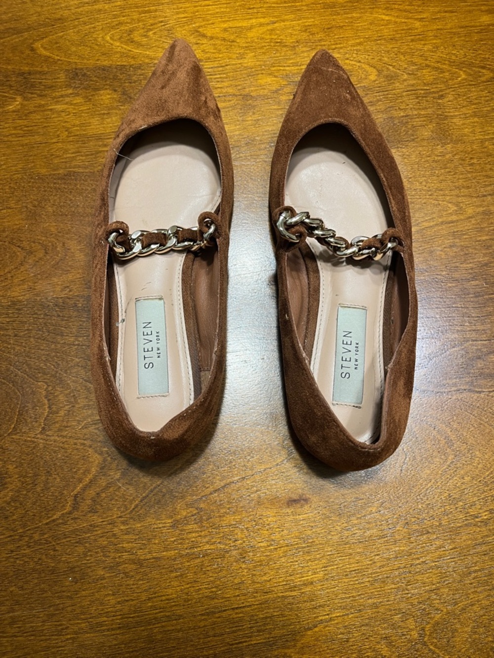 STEVEN New York Brown Suede Pointed-Toe Chain Loafers